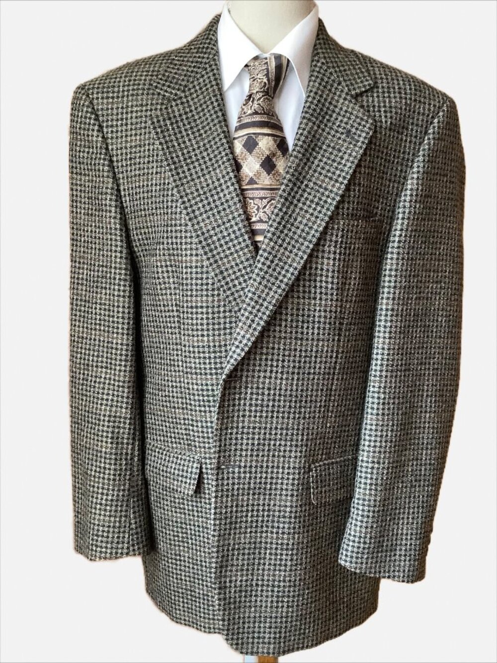 VINTAGE Wool Alpaca Plaid Check Sport Coat Blazer Jacket 42R Tan Green